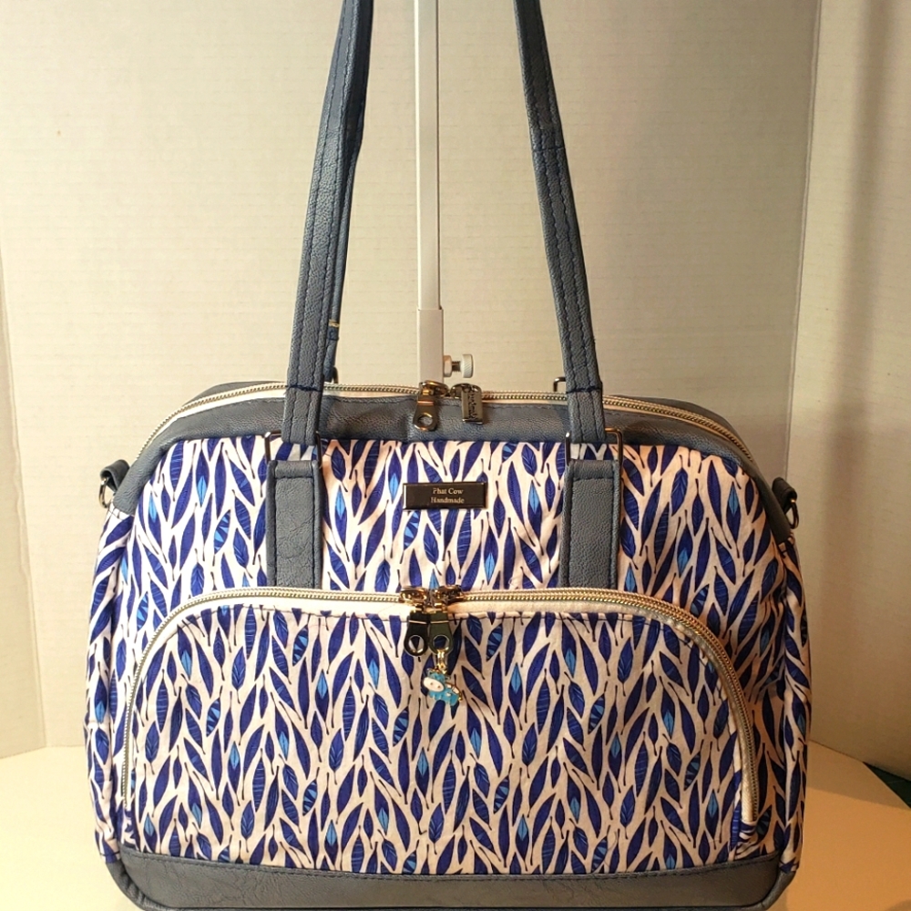 Handmade Cotton And Reclaimed Faux Leather Bowler Bag.